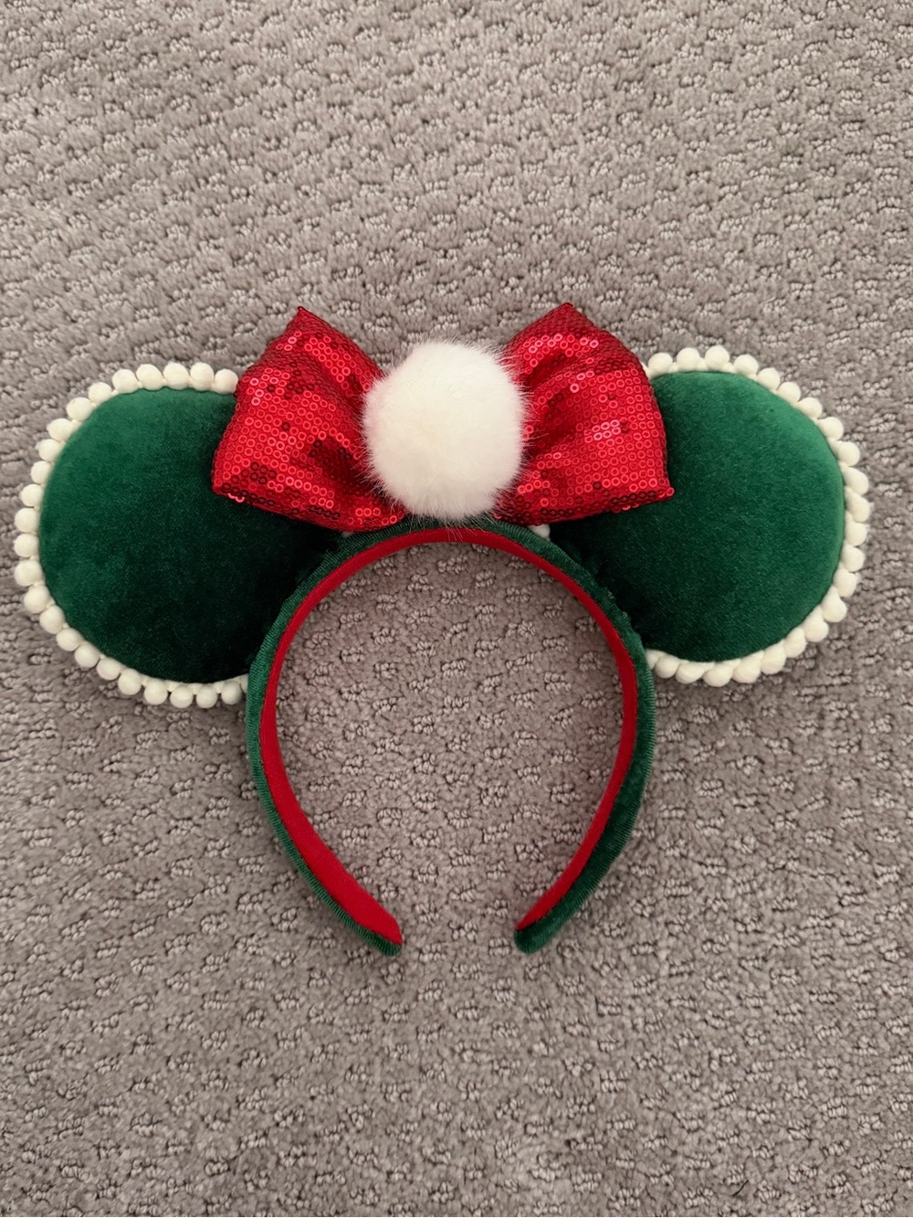 Holiday Green Velvet Mouse Ear Headband with Red Bow